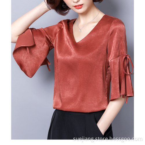 Fashion Cutting V-neck Solid Color Silk Sweet Top
